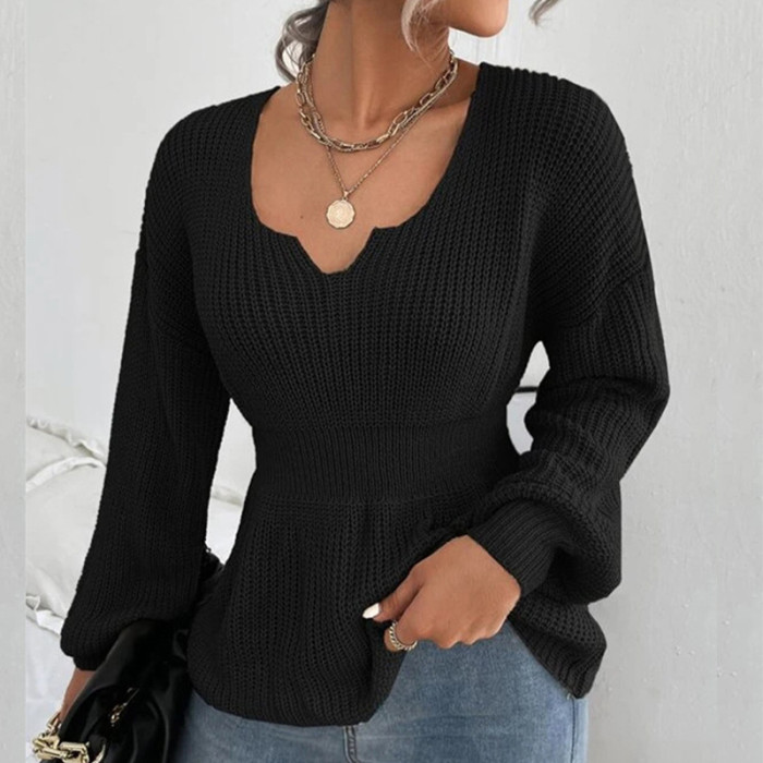 Women Casual Knitted Slim V-neck Lantern Sleeve Sweaters
