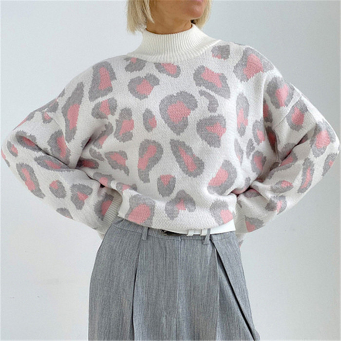 Leopard Print Turtleneck Oversize Knitted Sweaters for Women