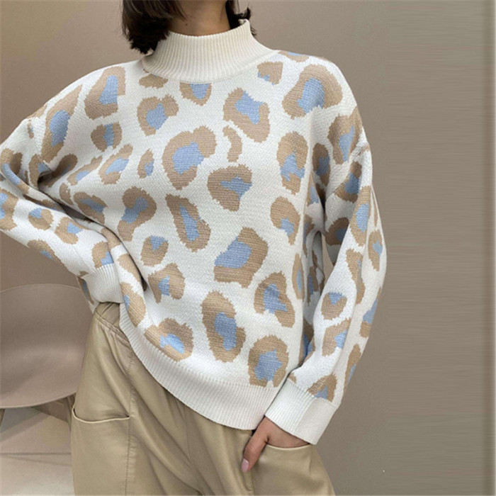 Leopard Print Turtleneck Oversize Knitted Sweaters for Women
