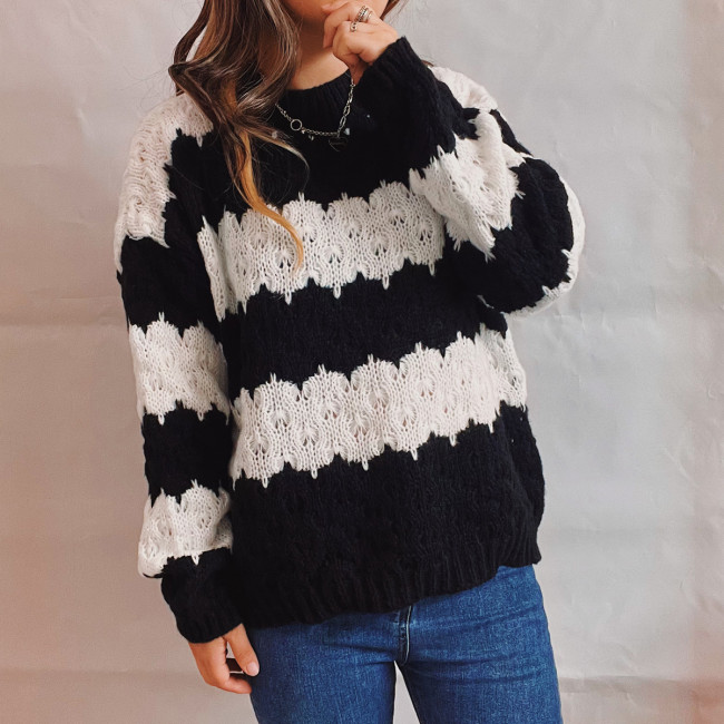 Women Fashion O-Neck Patchwork Stripe Sweaters