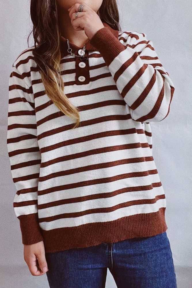 Woman Loose Stripe Lapel Basic Sweaters