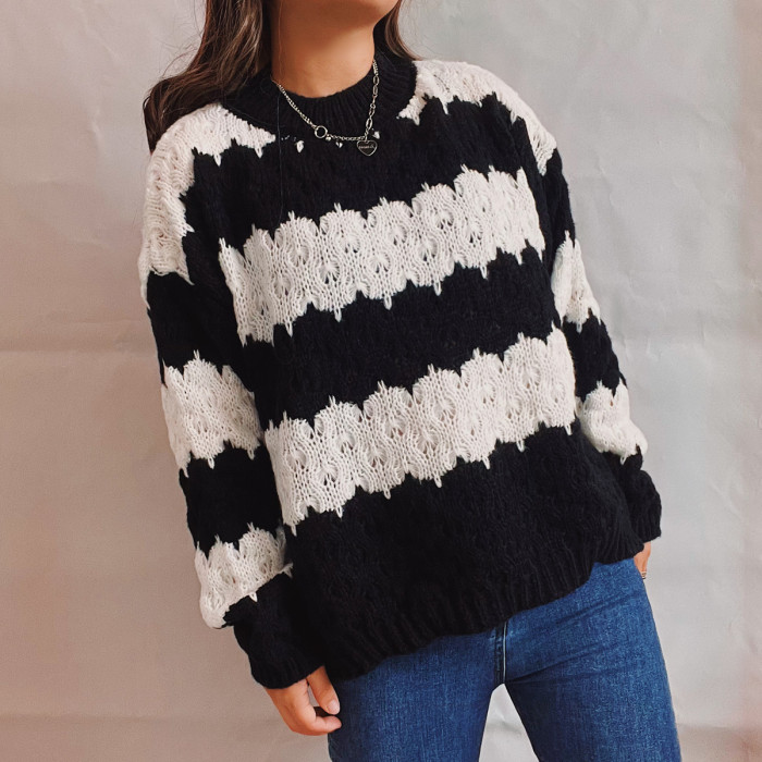 Women Fashion O-Neck Patchwork Stripe Sweaters