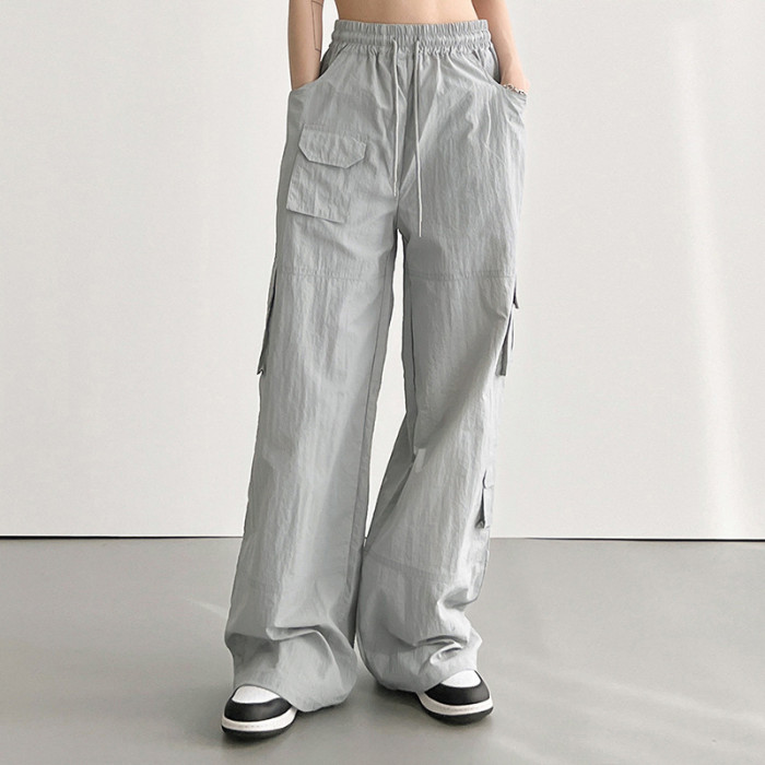 Women's Solid Elastic Waist Tie Multi Pocket Cargo Pants
