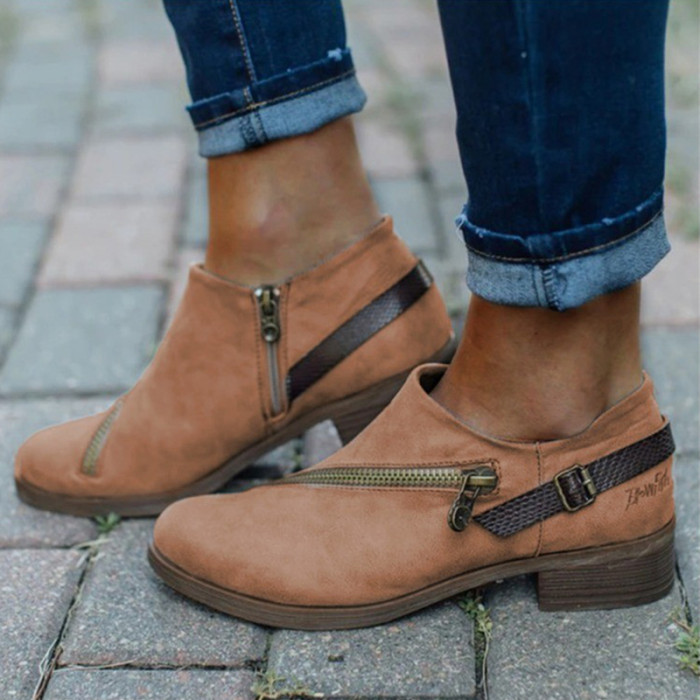 Women Zipper PU Leather Low Square Chunky Heels