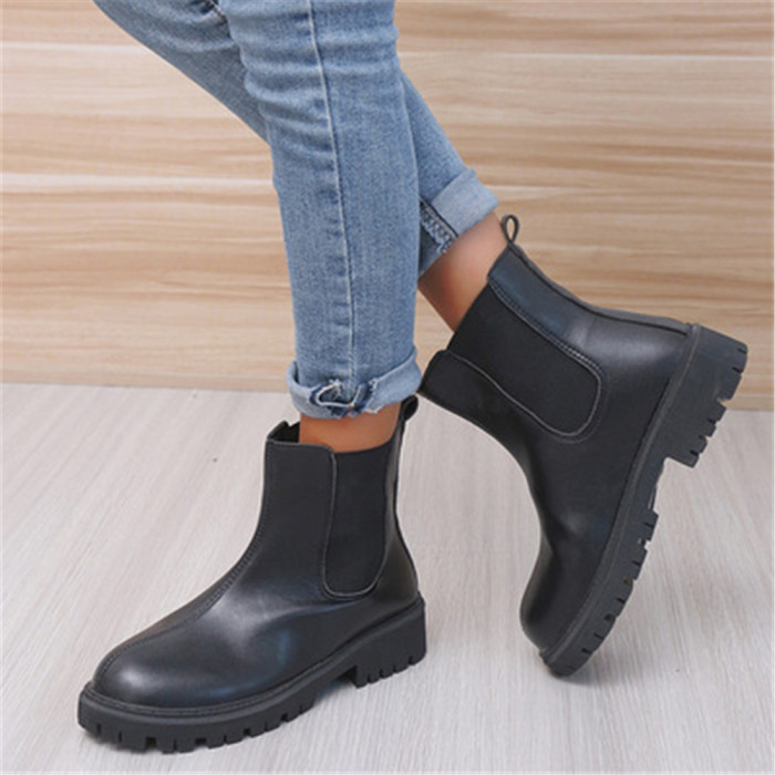 Women Fashion PU Leather Slip On Platform Ankle Boots