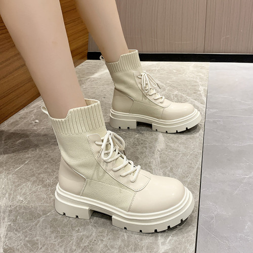 Fashion Knitted Elastic Lace Up Round Toe Ankle Boots