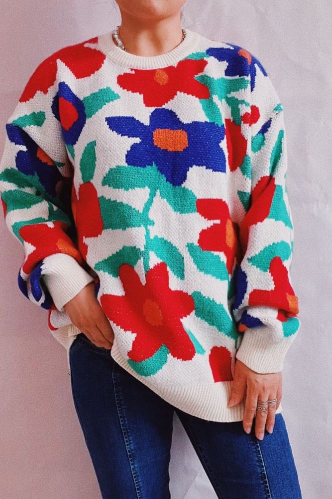 Woman Vintage Flower Print Oversize Knitted Sweaters