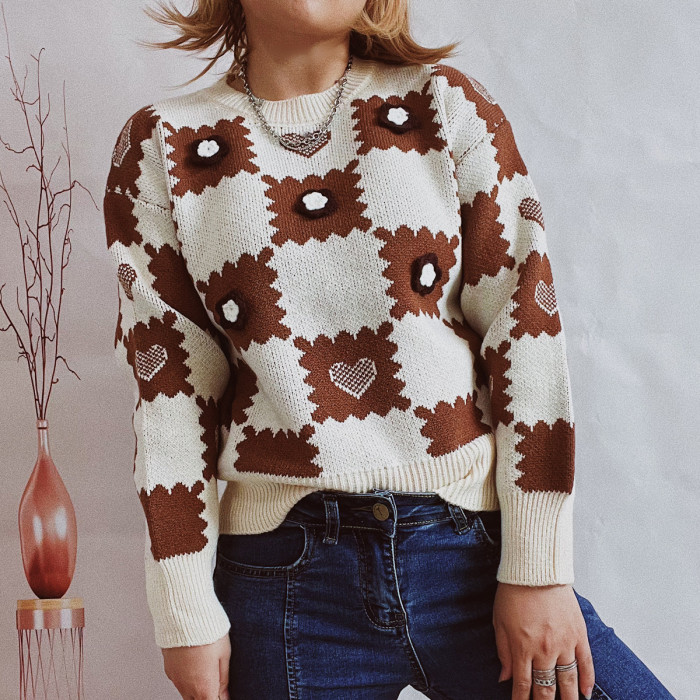 Woman Checkerboard Floral Print Cropped Sweater
