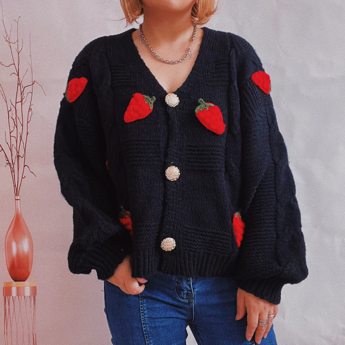 Women Embroidery Knitted Single Breasted V Neck Cardigans
