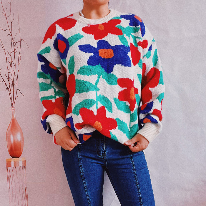 Woman Vintage Flower Print Oversize Knitted Sweaters