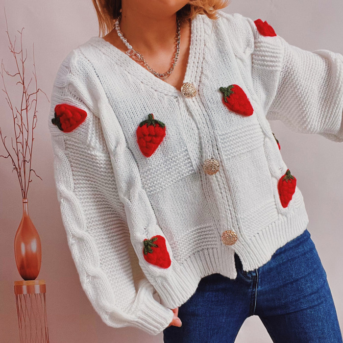 Women Embroidery Knitted Single Breasted V Neck Cardigans