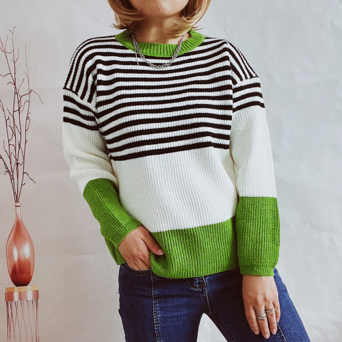 Ladies Striped O Neck Loose Knitted Sweater