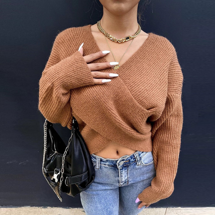 Women's Sexy Cross Navel V-Neck Knitted Sweater