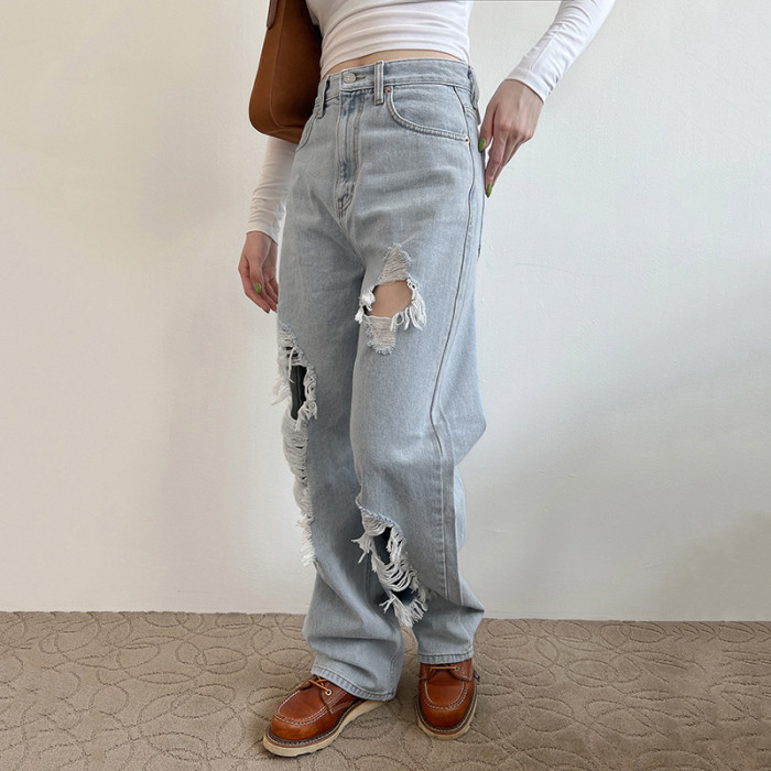 Vintage Ripped Low Waist Wide Leg Jeans for Women
