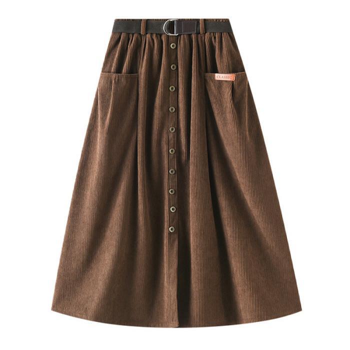 Women Single Button With Belt Pockets Corduroy Skirts