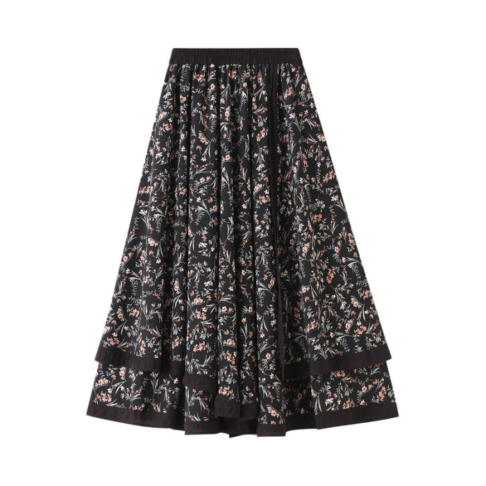 New Elastic High Waist Slim Fake Two Piece Retro Floral Skirts