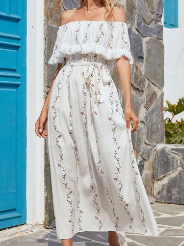 Chic Elegant Floral Print Slash Neck Beach Dress