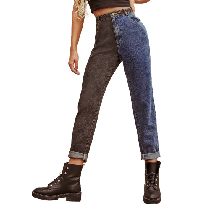 Hot Sale Retro High Waist Color Matching Straight Jeans