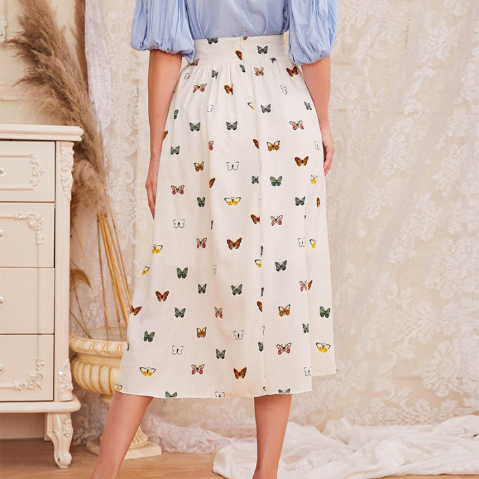 French Sweet Women Chiffon Ruched Butterfly Midi Skirt