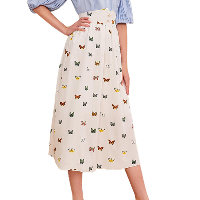 French Sweet Women Chiffon Ruched Butterfly Midi Skirt