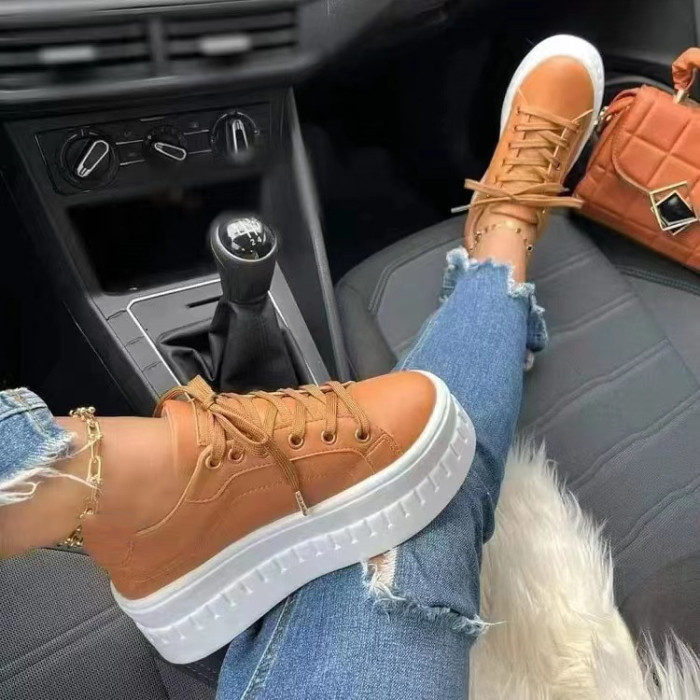 Women's Fashion Leather Lace-up Platforms Sneakers