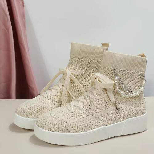 Women Pearl Chain Front Lace-Up Knitted Boots