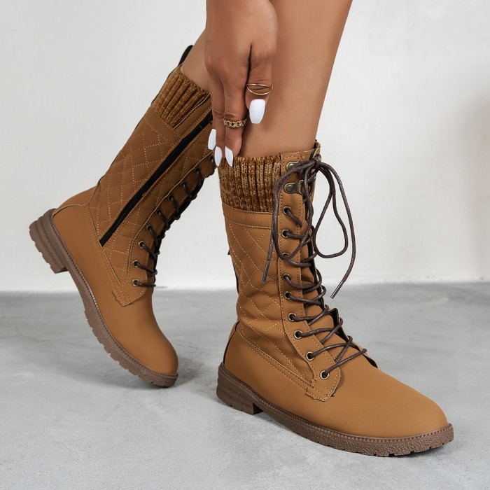 Woman Round Toe Square Heel Lace Up Mid Calf Boots