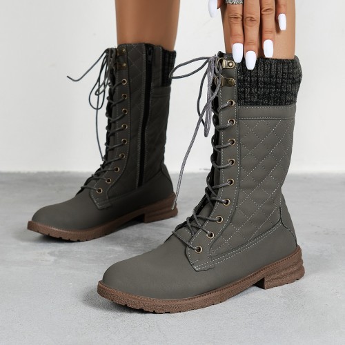 Woman Round Toe Square Heel Lace Up Mid Calf Boots