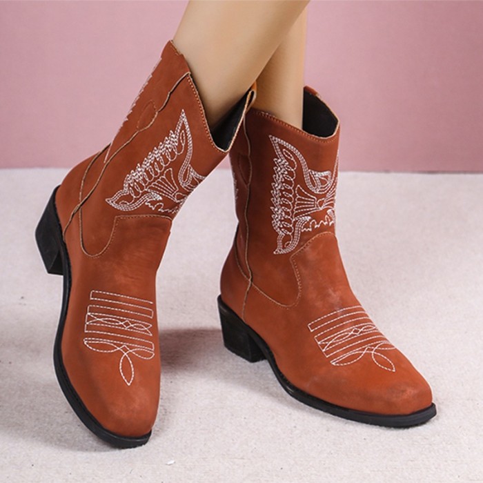 Women's Winter Leather Embroidered Chunky Boots