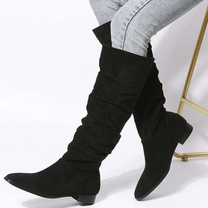 Fashion Vintage Suede Solid Color Pleated Square Heel Boots