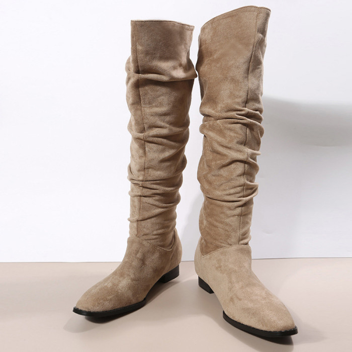 Fashion Vintage Suede Solid Color Pleated Square Heel Boots
