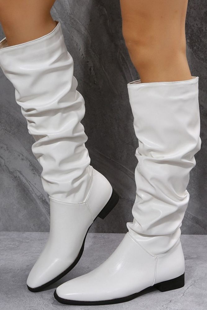 Women Pleated Low Heel Casual Leather Knee High Boots