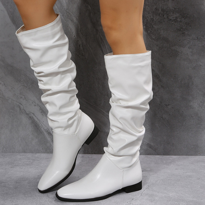 Women Pleated Low Heel Casual Leather Knee High Boots