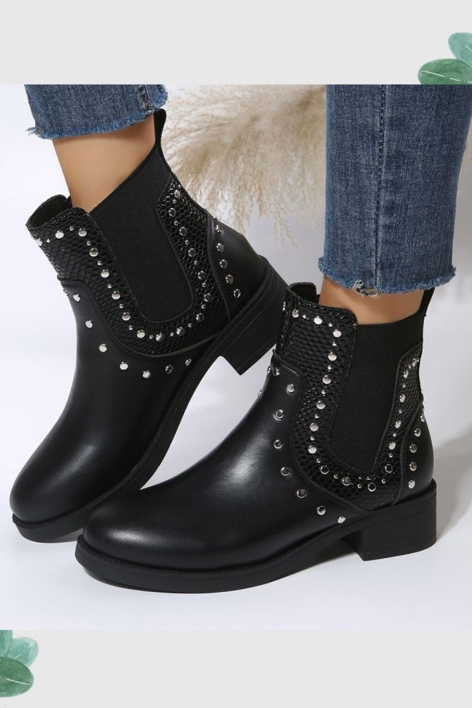 Women Punk Style Rhinestone Decor Slip-on Boot