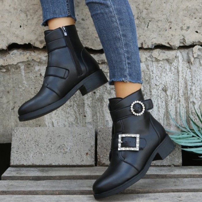 Female Square Buckle Rhinestone Decor Platform Ankle Boots