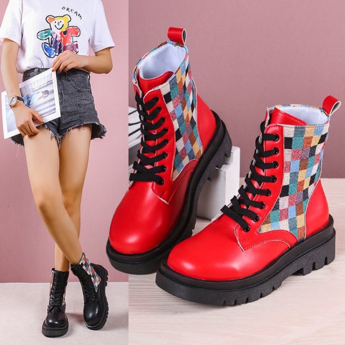 New Patchwork Plaid Round Toe Lace-up Ankle Boots