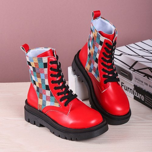 New Patchwork Plaid Round Toe Lace-up Ankle Boots