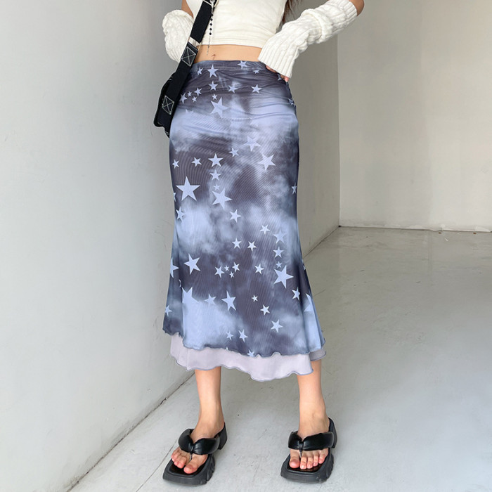 Mesh Star Print Contrast Panel Low-Rise Skirt