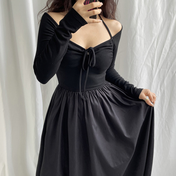 Woman Tie-Up Pleated Off-the-Shoulder Full Sleeve A-Line Dress
