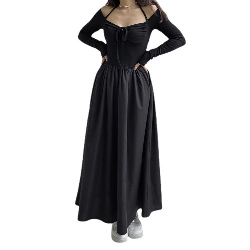 Woman Tie-Up Pleated Off-the-Shoulder Full Sleeve A-Line Dress