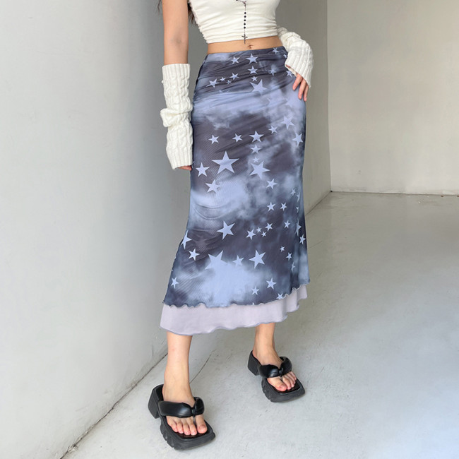 Mesh Star Print Contrast Panel Low-Rise Skirt