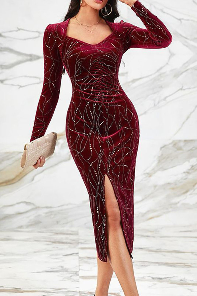 Elegant Sequin Burgundy Long Sleeve Hem Slit Slim Sexy Party Dress