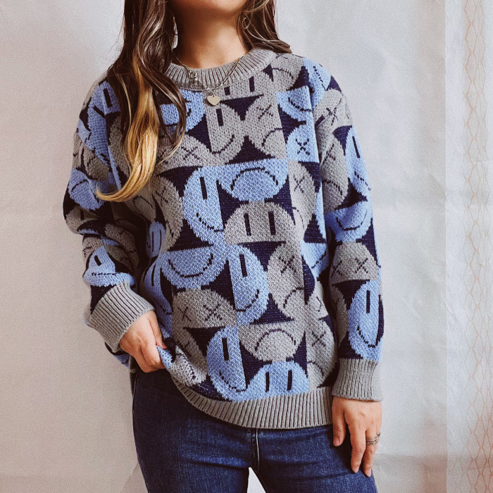 Women Cute Print O-Neck Long Sleeve Knitted Sweater