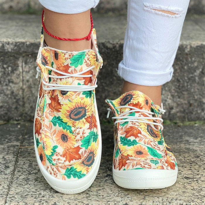 Women Fashion Printing Flower Breathable Flat Canvas Shoes