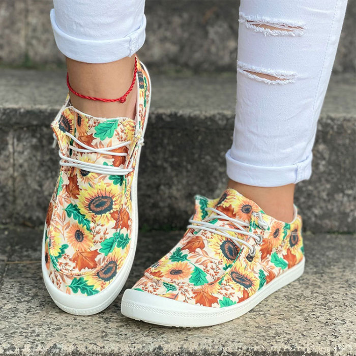 Women Fashion Printing Flower Breathable Flat Canvas Shoes