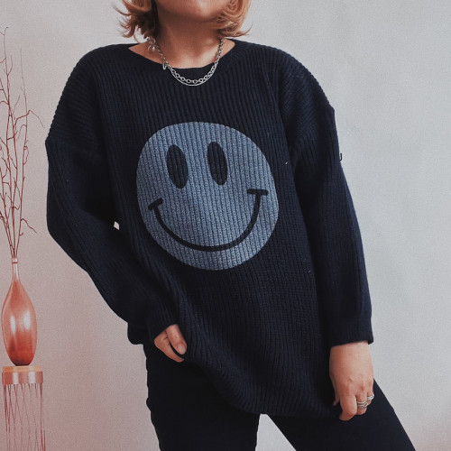 New Round Neck Smiley Face Printed Loose Knitted Sweaters