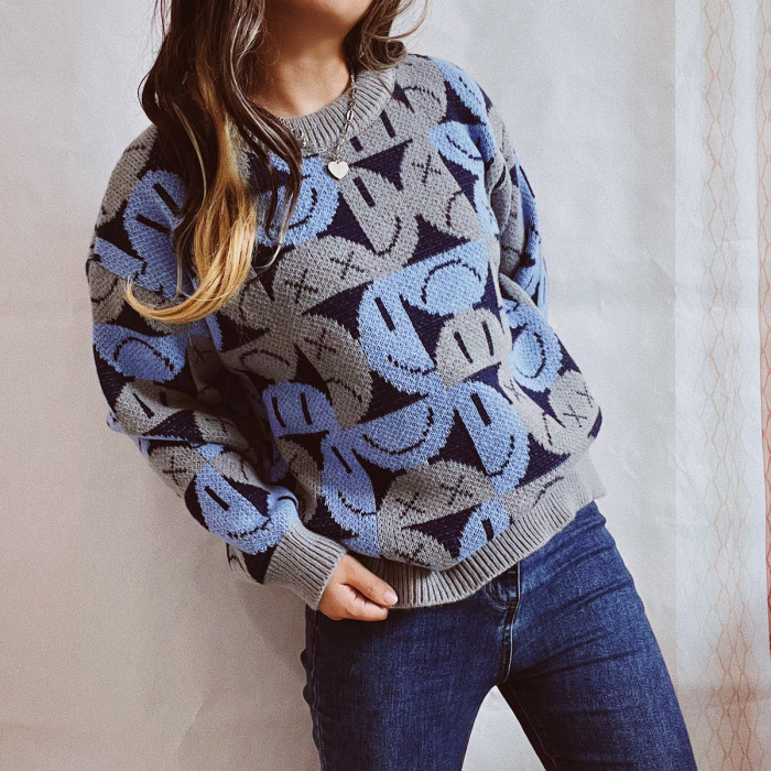 Women Cute Print O-Neck Long Sleeve Knitted Sweater