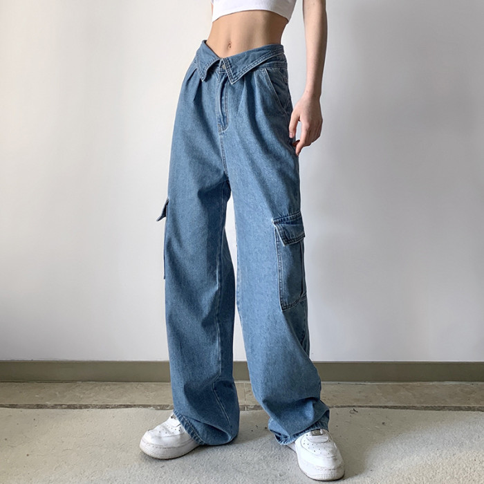 New Women High Waist Slim Multi-pocket Loose Straight Jeans