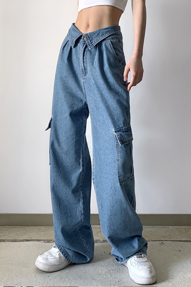 New Women High Waist Slim Multi-pocket Loose Straight Jeans