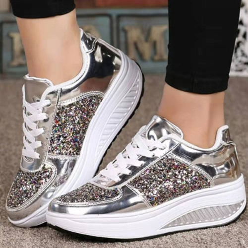 Women's Fashion Comfortable Sequin Lace Up Casual Sneakers